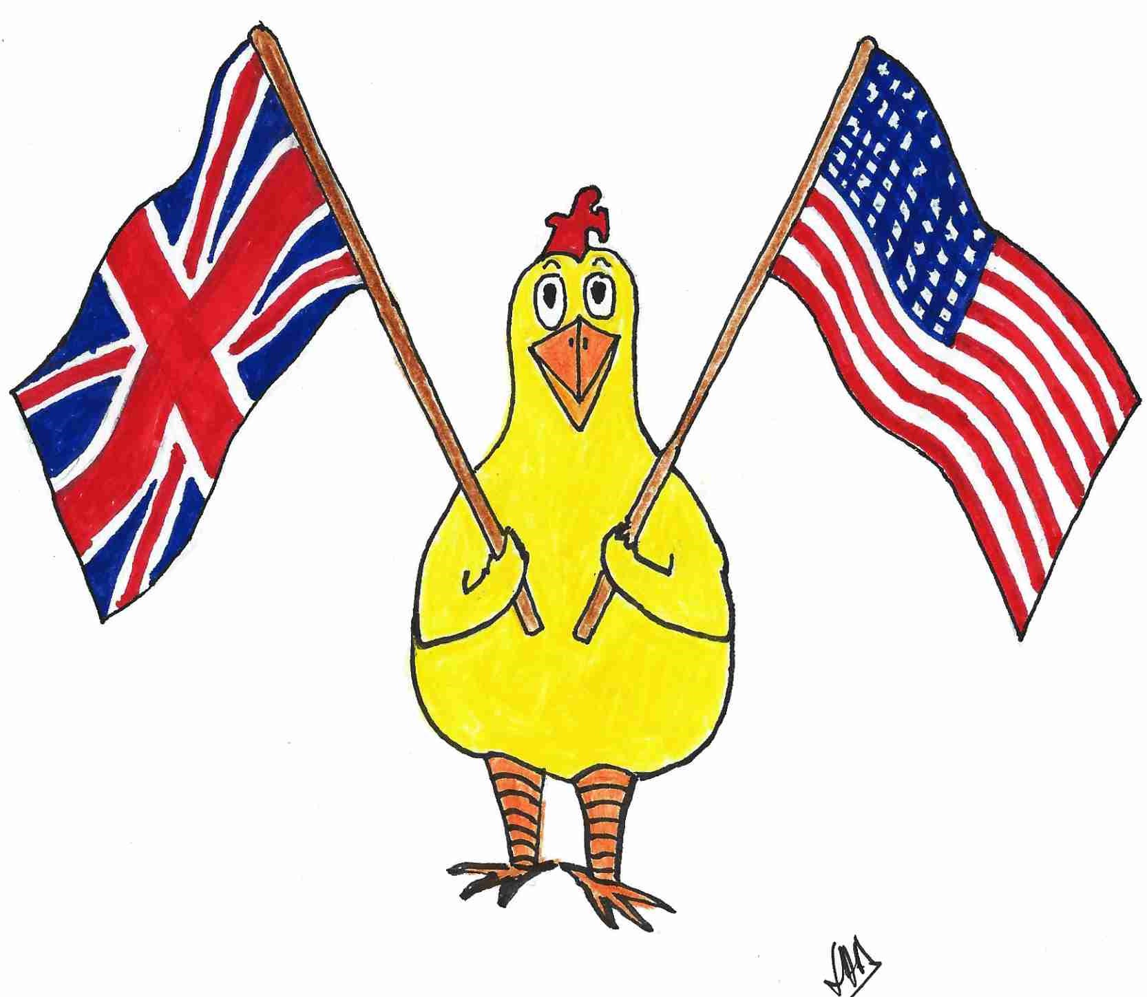 Hand-drawn chick holding US and UK flags